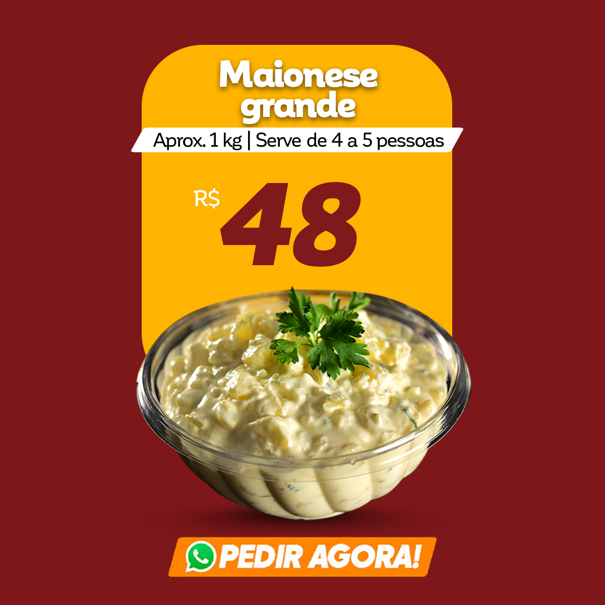 Porção grande - aprox. 1kg | Serve 4 a 5 pessoas: R$ 46,00 | Pedir agora!